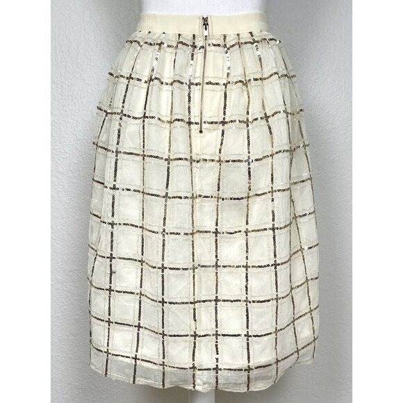 GIANNI BINI Womens XS Ivory Full Tulle Below-Knee SKIRT Gold Check Sequins EUC - Picture 2 of 6